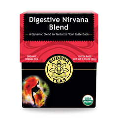 Buddha Teas Digestive Nirvana Blend packaging emphasizes organic ingredients for digestive comfort.