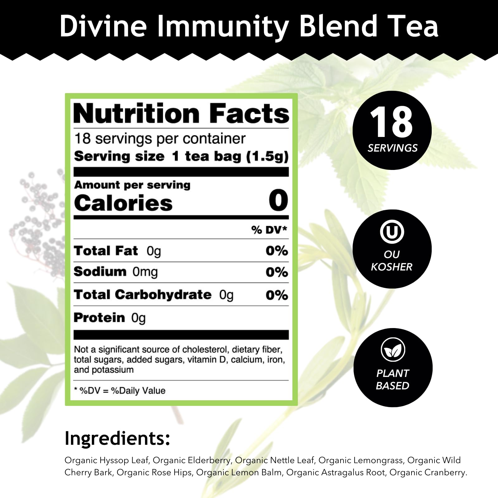 Buddha Teas Divine Immunity ingredients elderberry hyssop rose hips convey a vibrant, natural blend.
