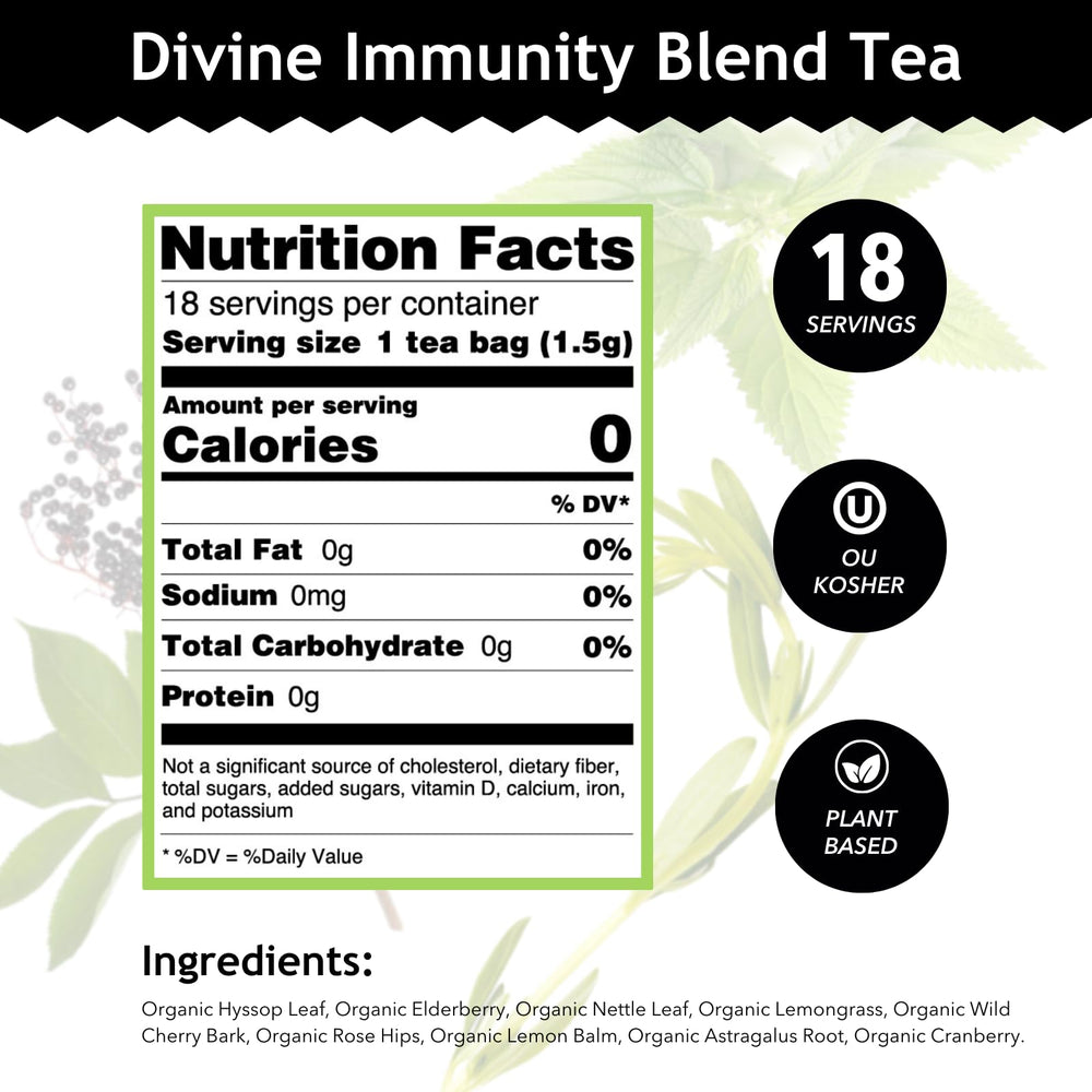 Buddha Teas Divine Immunity ingredients elderberry hyssop rose hips convey a vibrant, natural blend.