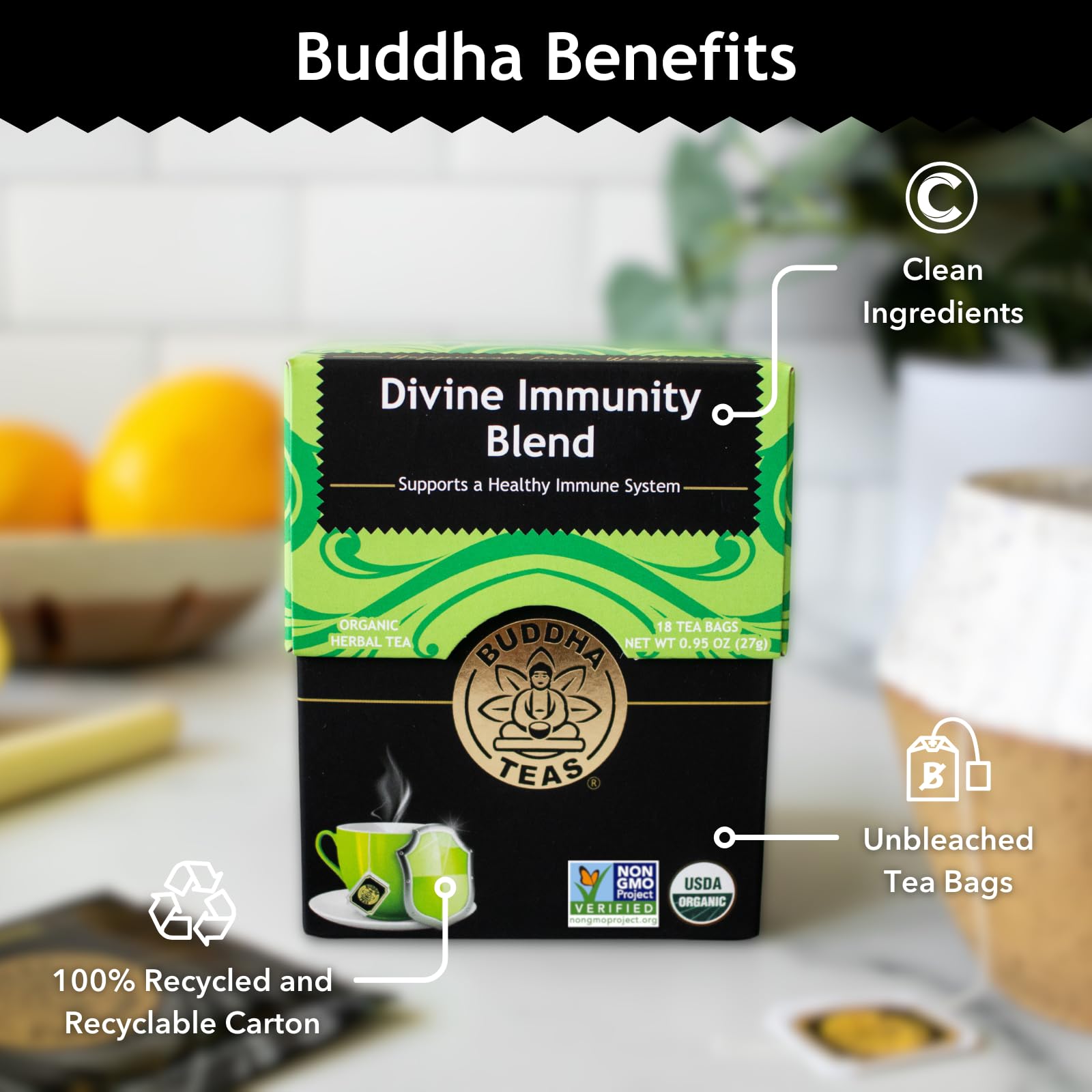 Buddha Teas Divine Immunity organic label signals clean, non-GMO ingredients.