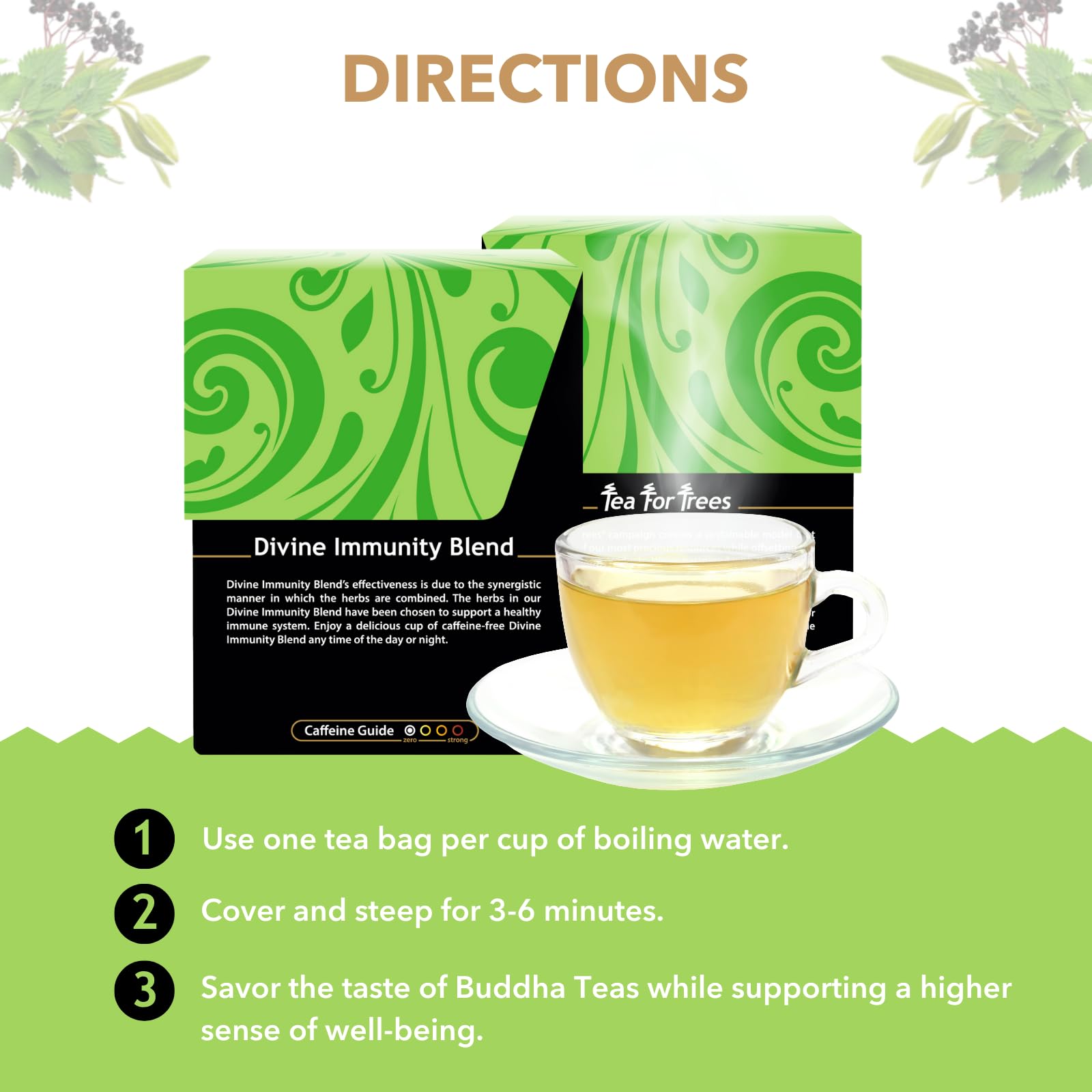 Buddha Teas Divine Immunity tea bags closeup emphasizes convenient, caffeine-free herbal tea.