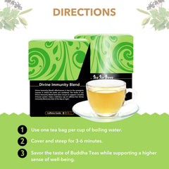 Buddha Teas Divine Immunity tea bags closeup emphasizes convenient, caffeine-free herbal tea.