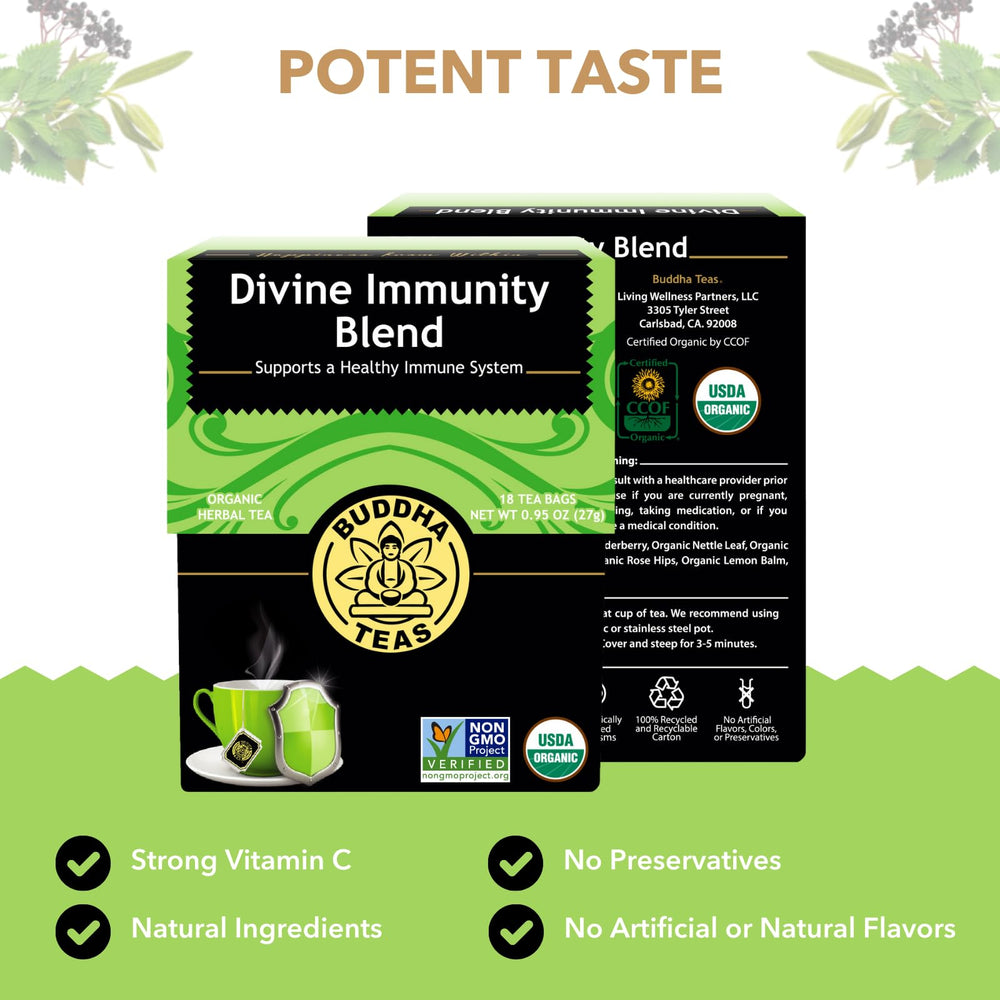 Buddha Teas Divine Immunity Tea cup steeping captures a cozy, herbal moment.