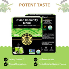 Buddha Teas Divine Immunity Tea cup steeping captures a cozy, herbal moment.