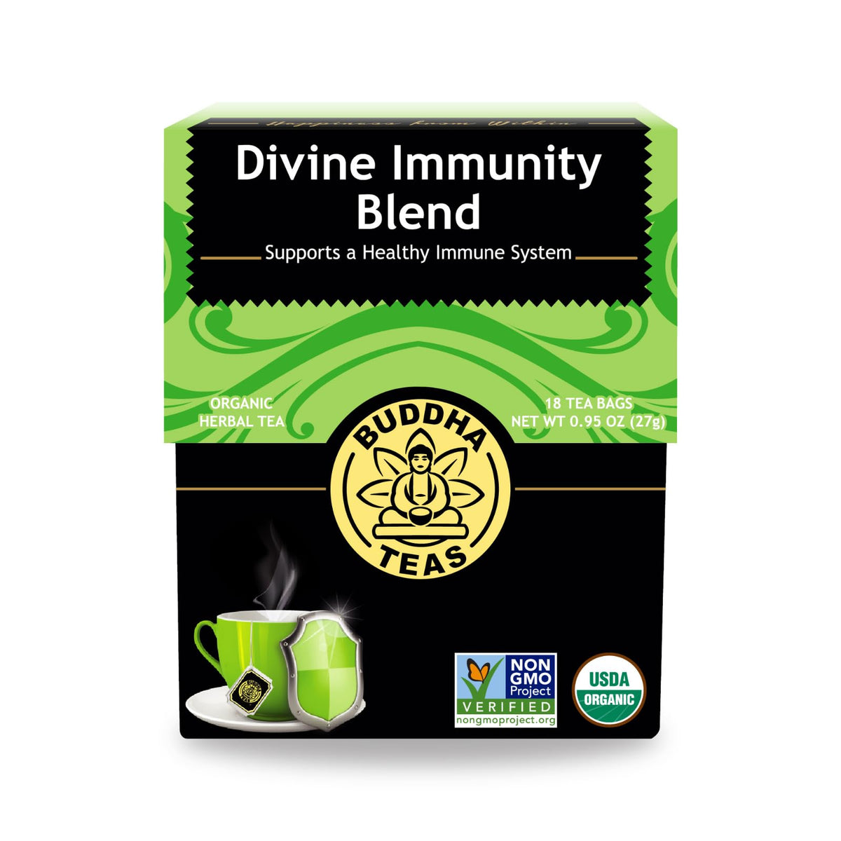 Buddha Teas Divine Immunity Tea packaging highlights organic ingredients for a caffeine-free ritual.