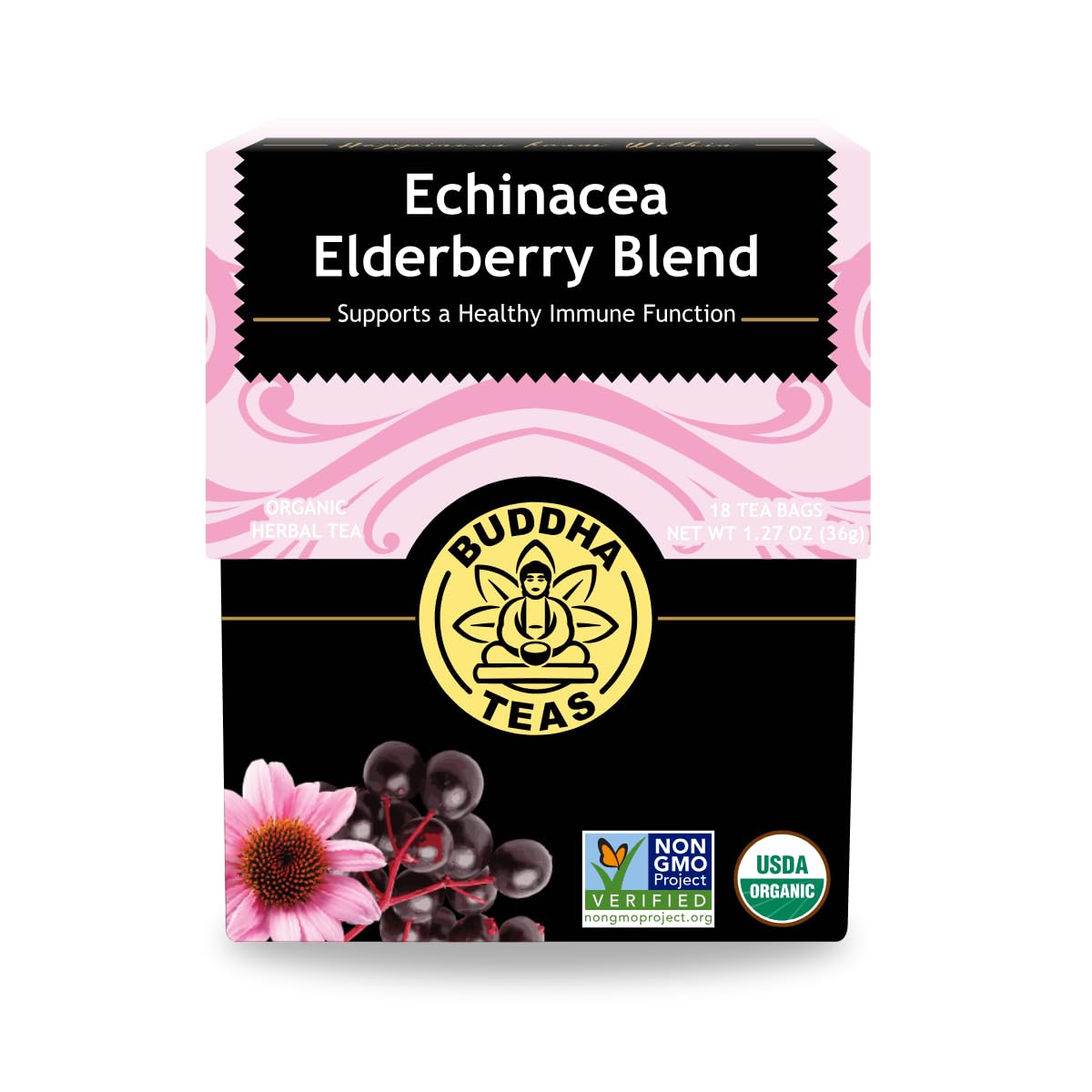 Buddha Teas Organic Echinacea Elderberry tea bags highlight antioxidant-rich blend