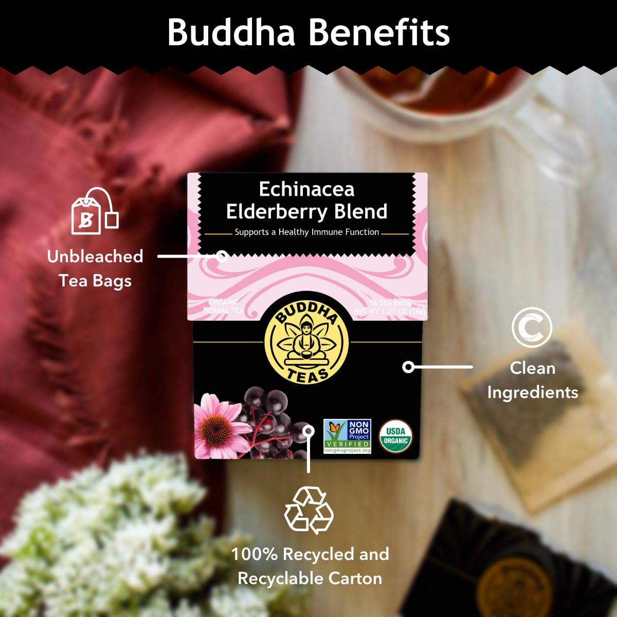 Buddha Teas brewing scene shows steeping to a rich berry color