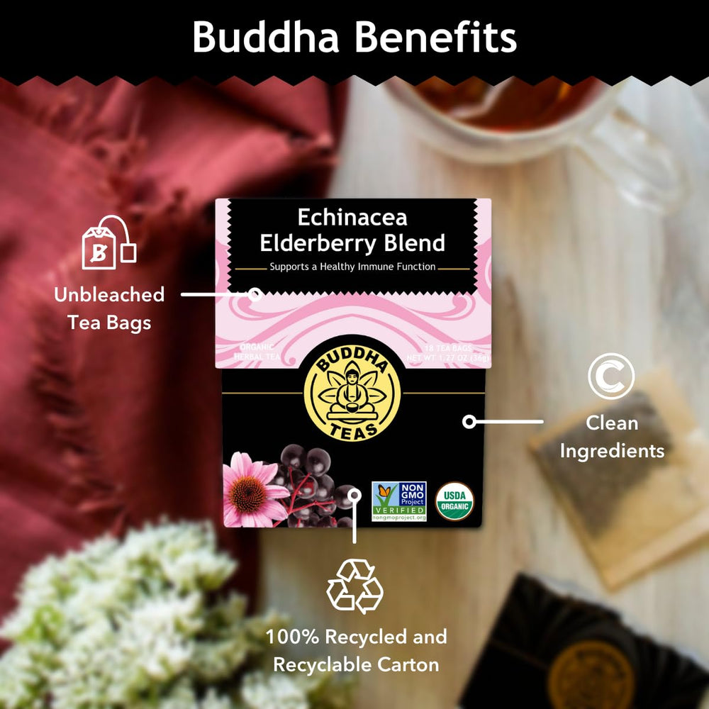 Buddha Teas brewing scene shows steeping to a rich berry color