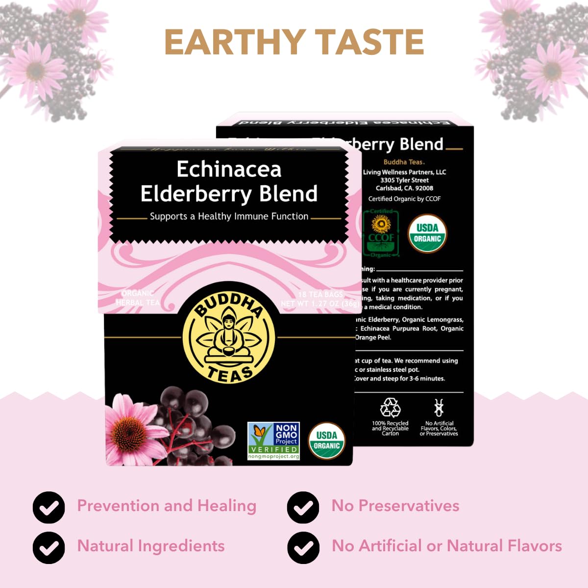 Buddha Teas label close-up emphasizes clean, additive-free ingredients