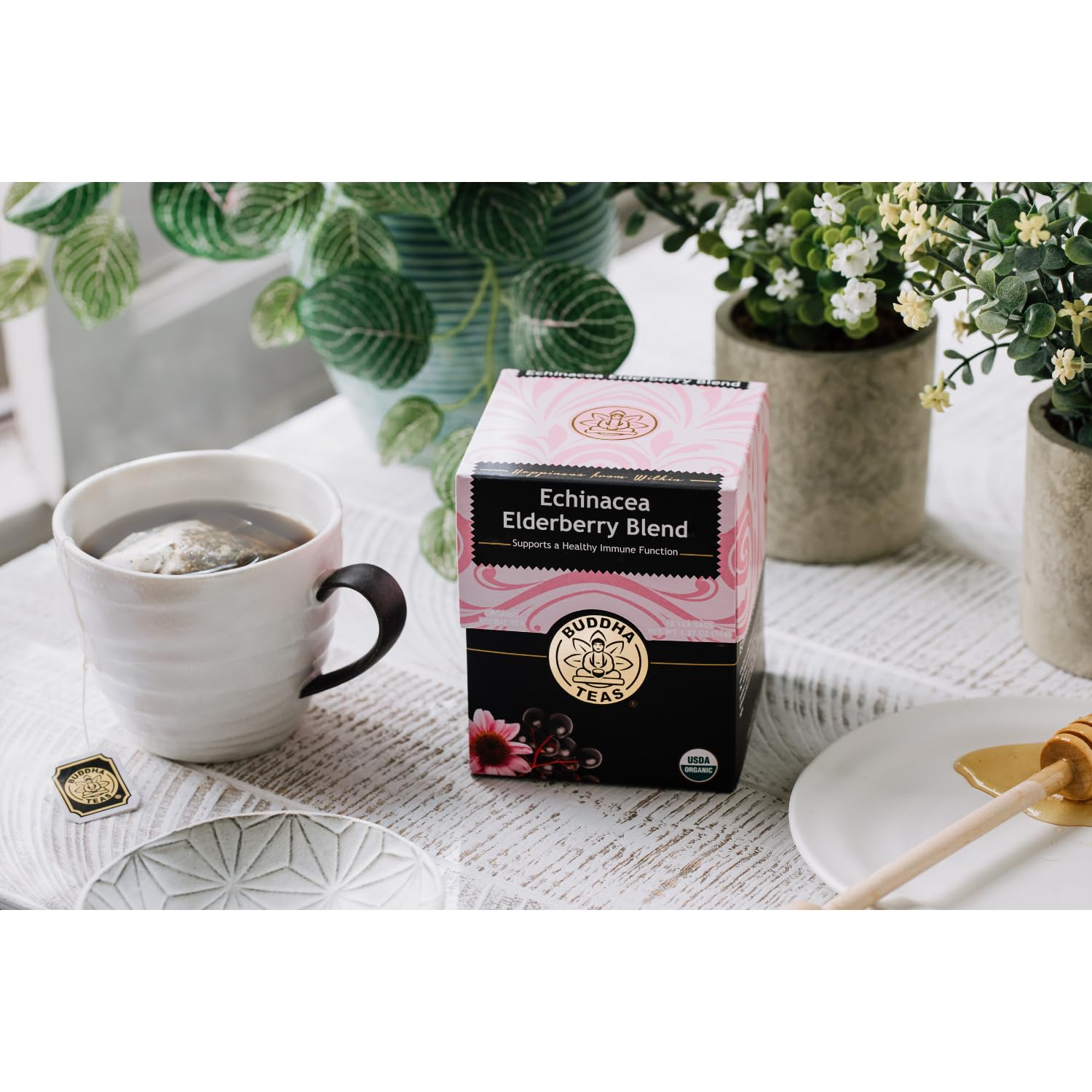Buddha Teas no caffeine icon conveys a caffeine-free option