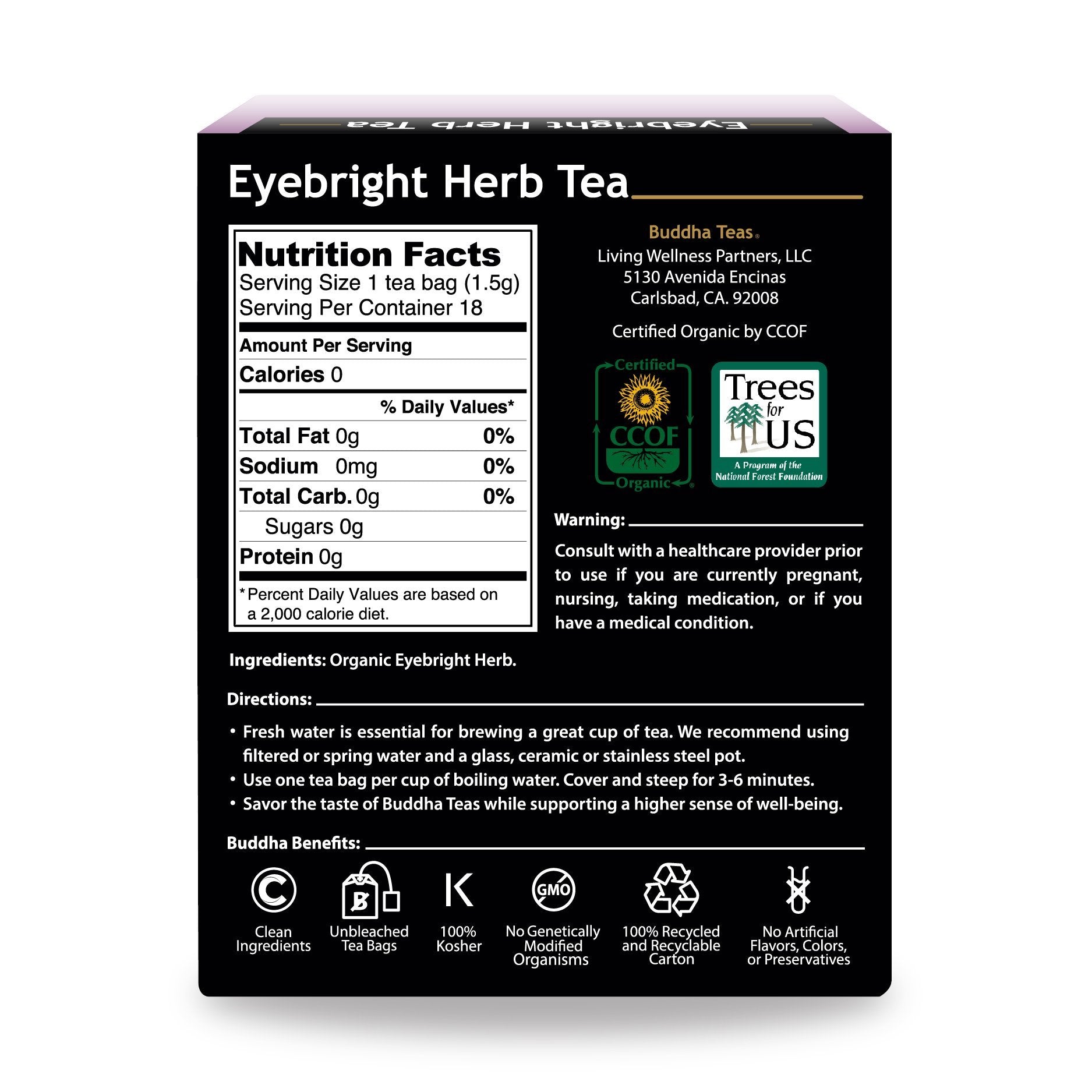 Buddha Teas Eyebright tea bag over cup highlights bleach-free eco-friendly infusion