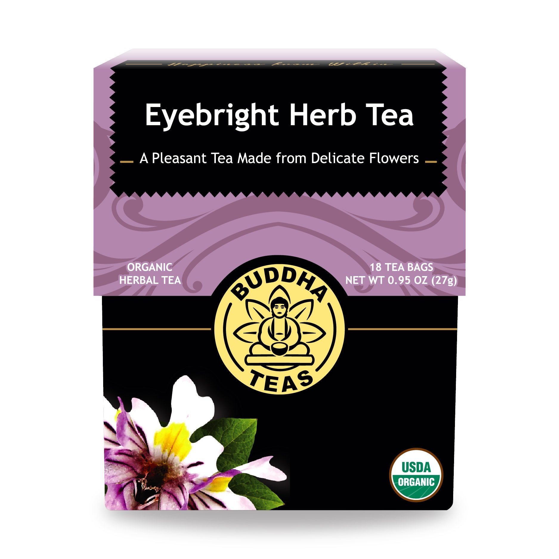 Buddha Teas Eyebright tea steeping in a mug for a calm, flavorful cup