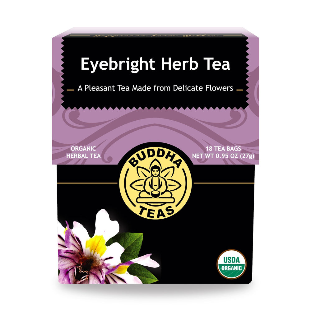 Buddha Teas Eyebright tea steeping in a mug for a calm, flavorful cup