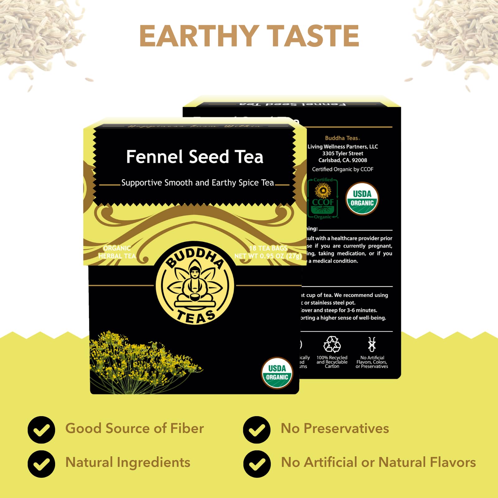 Buddha Teas fennel seed tea bags close-up highlighting caffeine-free herbal option