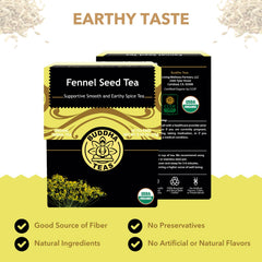Buddha Teas fennel seed tea bags close-up highlighting caffeine-free herbal option