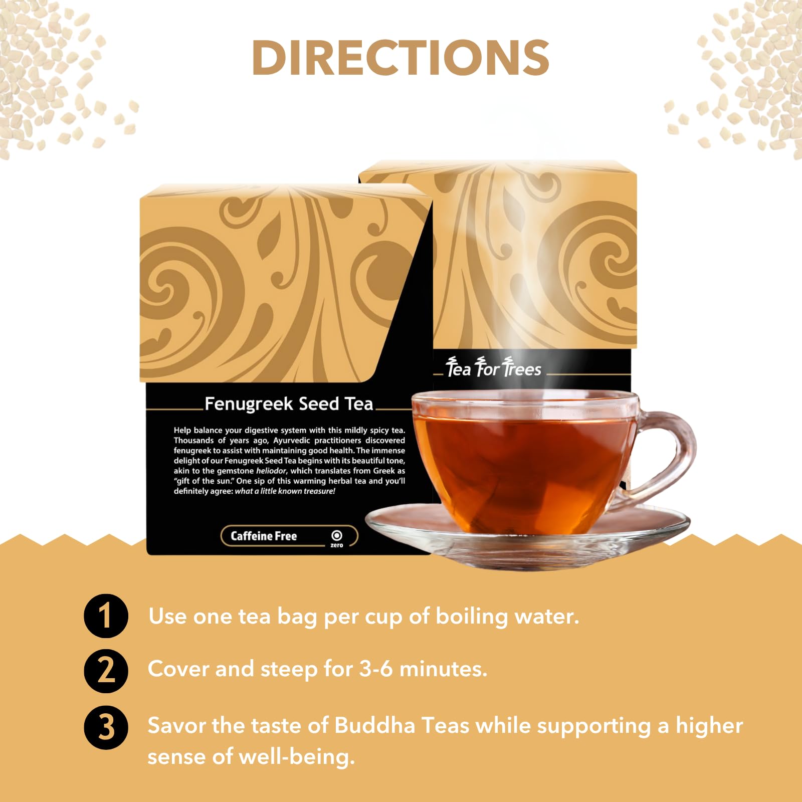 Buddha Teas Fenugreek Seed Tea certifications highlight organic quality and kosher assurance.
