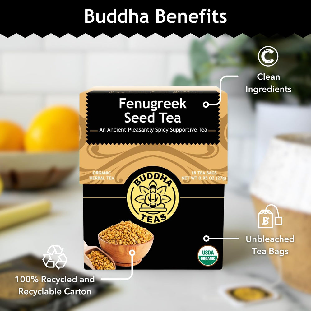 Buddha Teas Fenugreek Seed Tea ingredients close-up emphasizing single-ingredient purity.