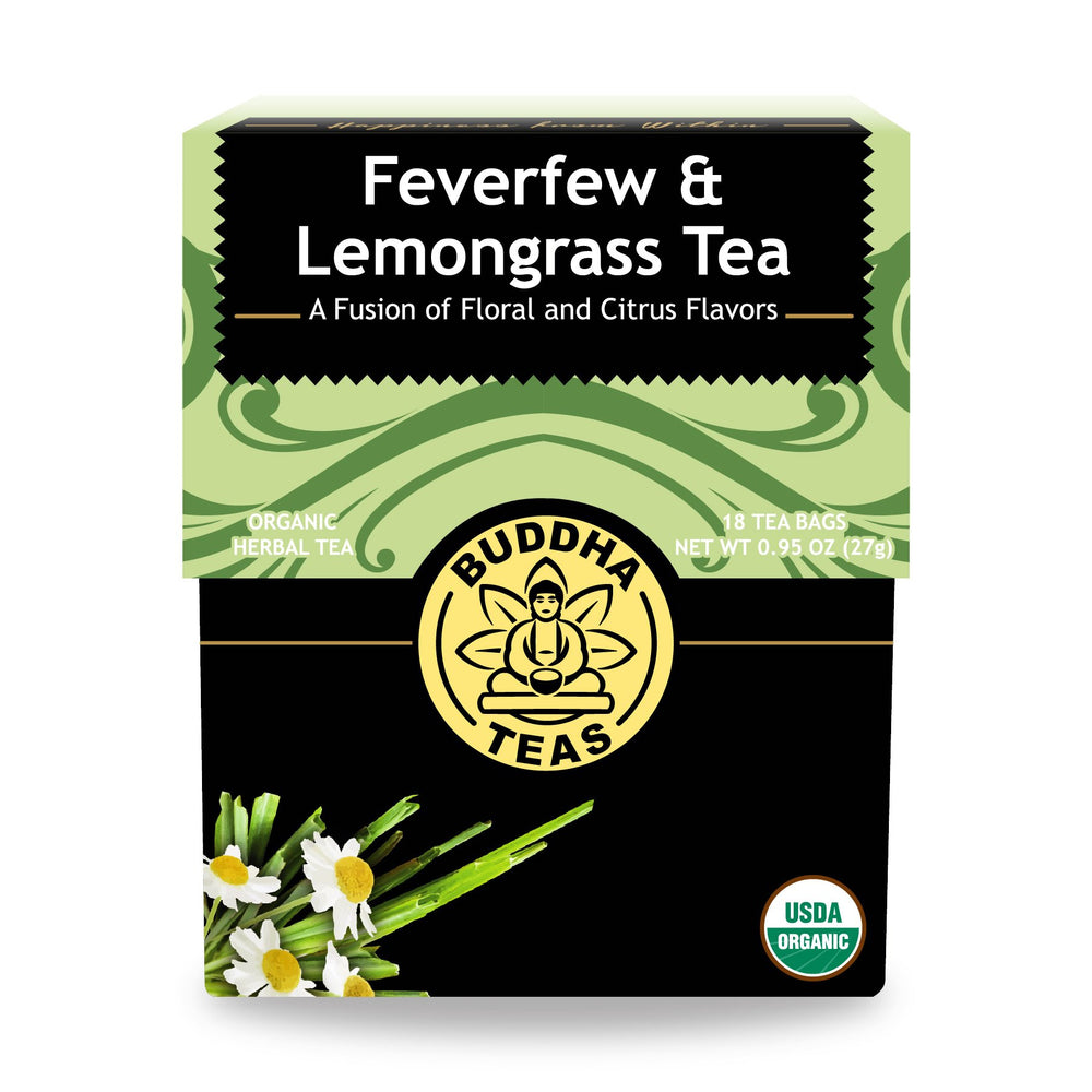 Buddha Teas Feverfew & Lemongrass cup with refreshing citrus aroma for relaxation