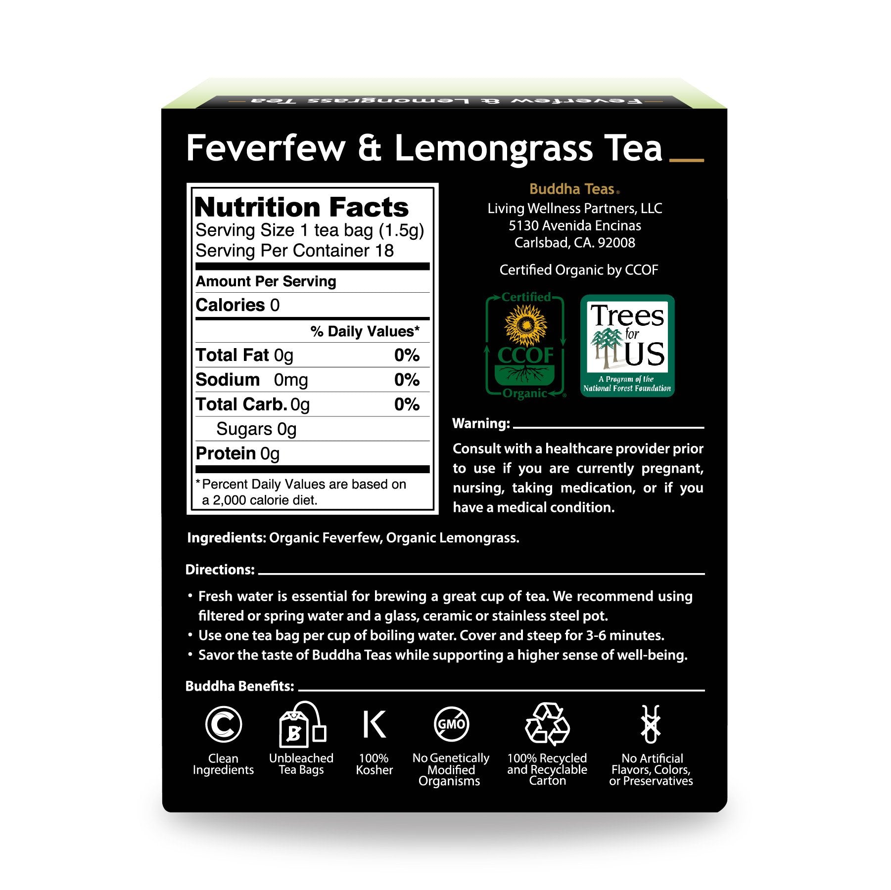 Buddha Teas Feverfew & Lemongrass tea pack for a calming, caffeine-free ritual