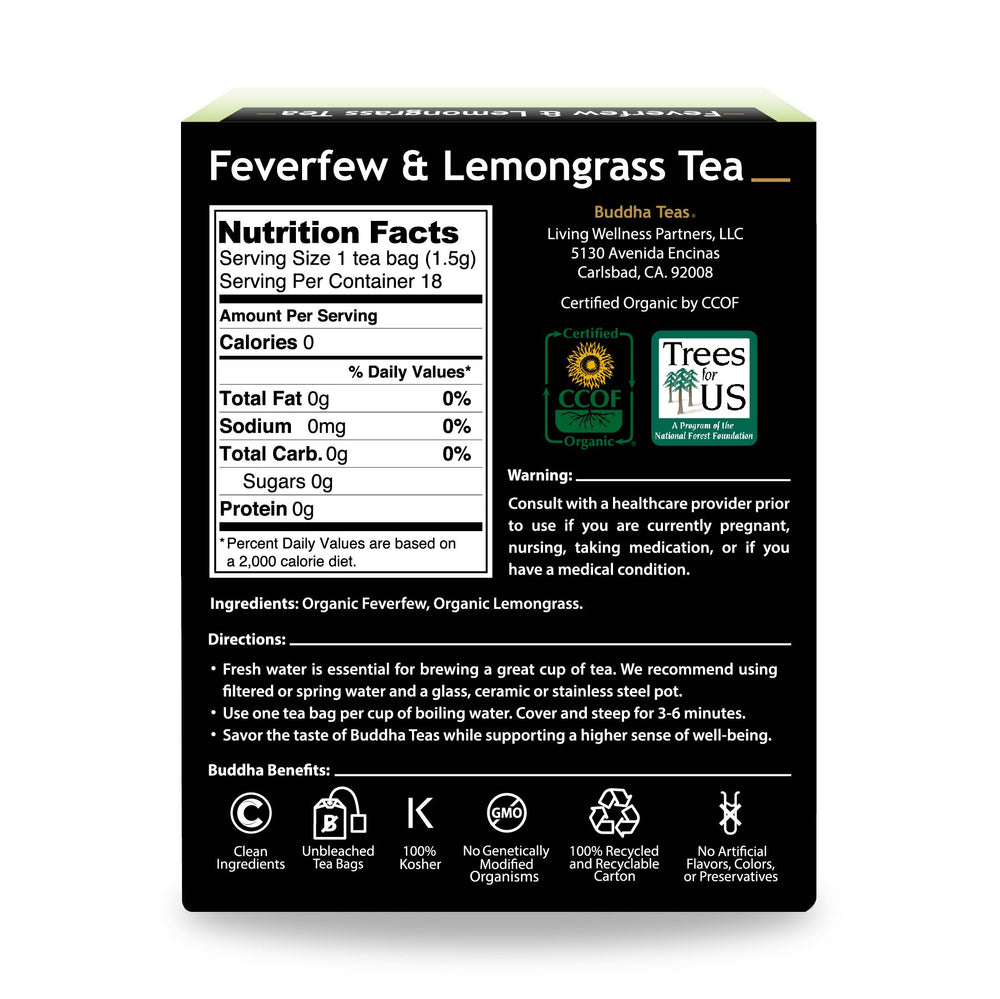 Buddha Teas Feverfew & Lemongrass tea pack for a calming, caffeine-free ritual