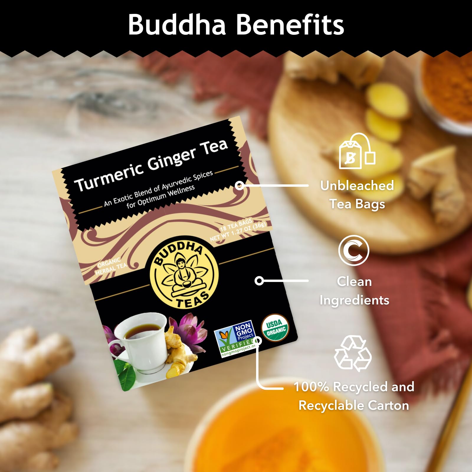 Buddha Teas turmeric-ginger blend visuals highlight a comforting, caffeine-free tea ritual.