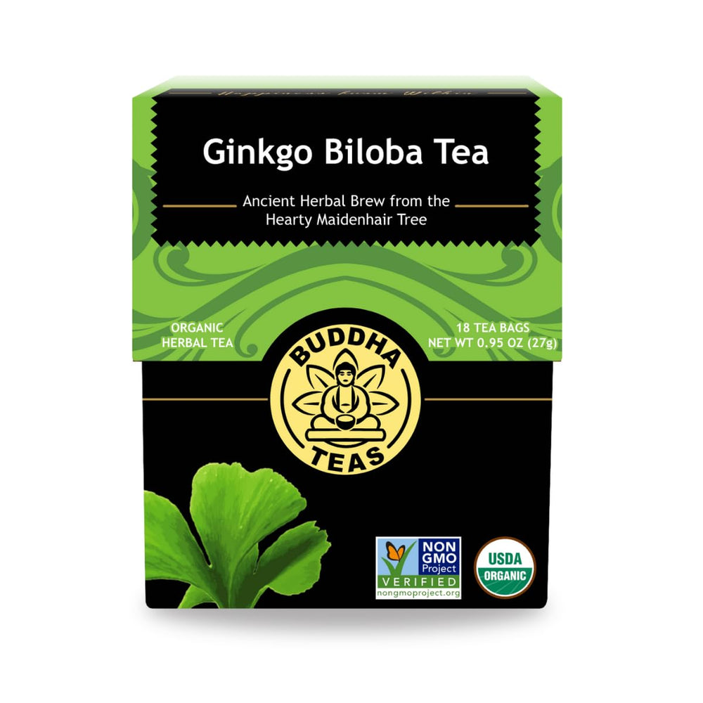 Buddha Teas Ginkgo Biloba tea bag closeup, for a soothing focus during study.