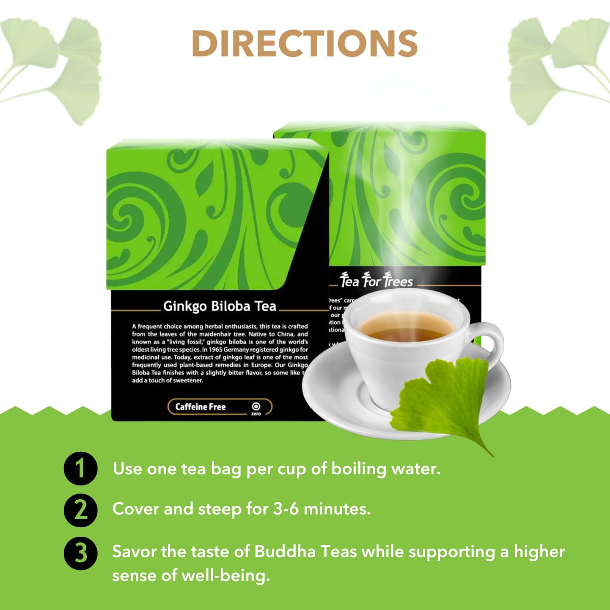 Buddha Teas Ginkgo Biloba tea box front featuring organic, Non-GMO ingredients.