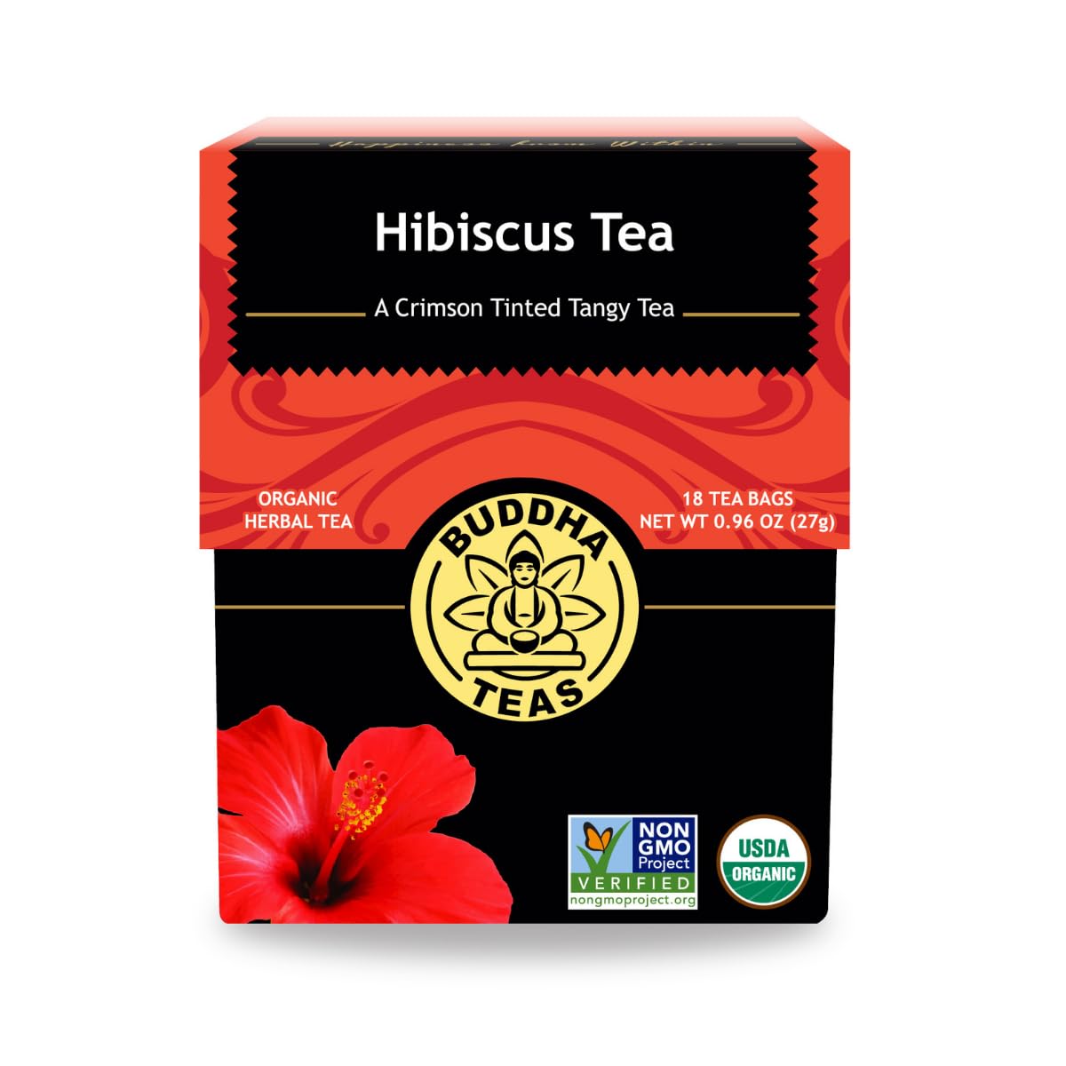 Buddha Teas Hibiscus tea box front highlighting organic ingredients and antioxidants