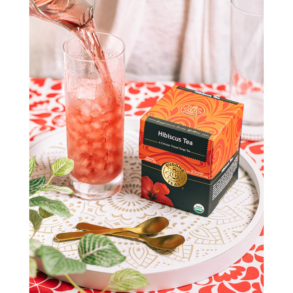 Buddha Teas Hibiscus packaging label noting kosher and non-GMO status