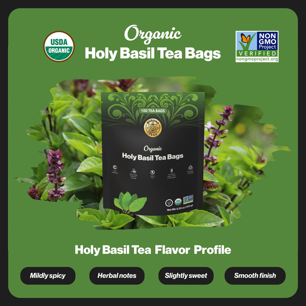 Buddha Teas Holy Basil box front with clean design and info.