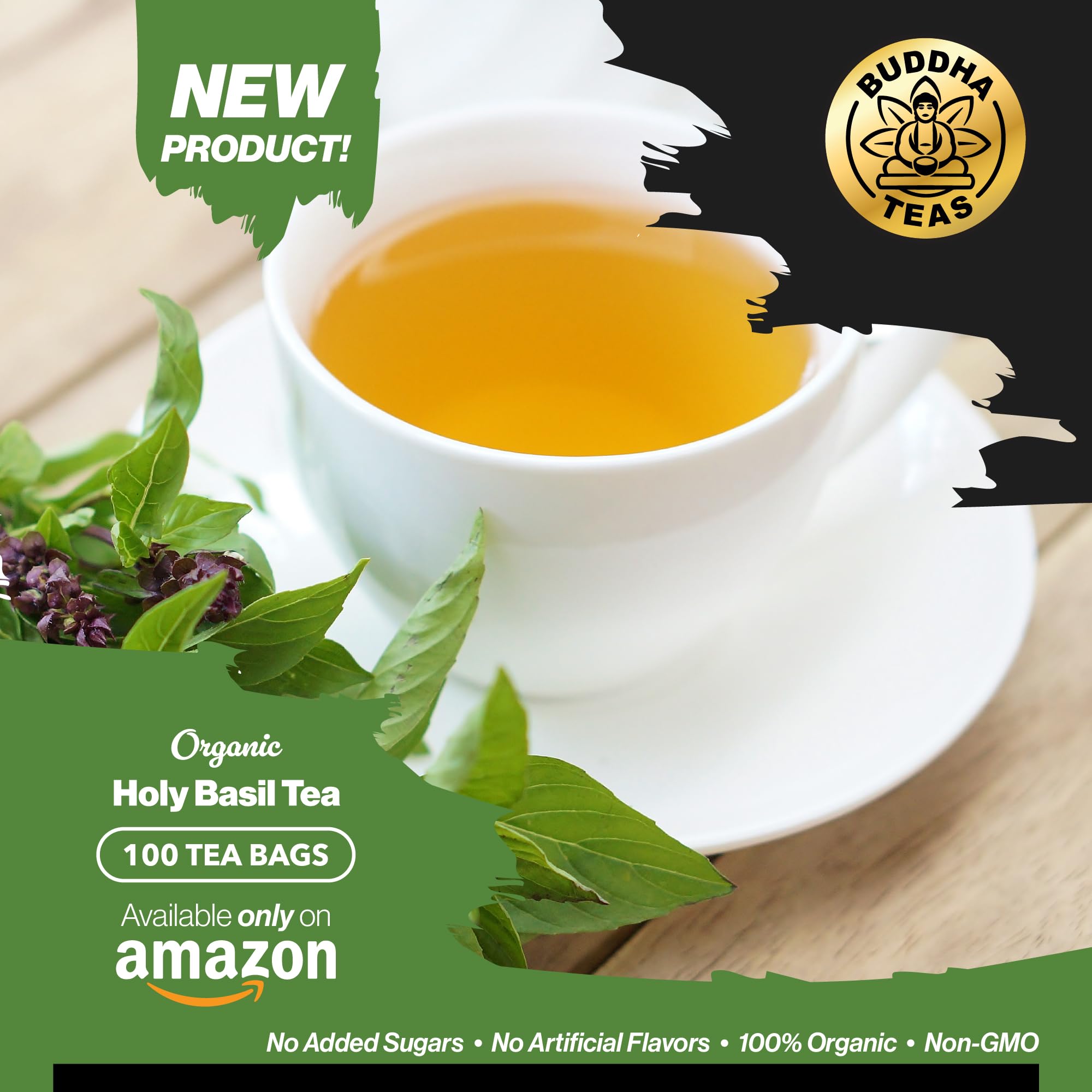Buddha Teas Holy Basil packaging showing kosher and non-GMO seals.
