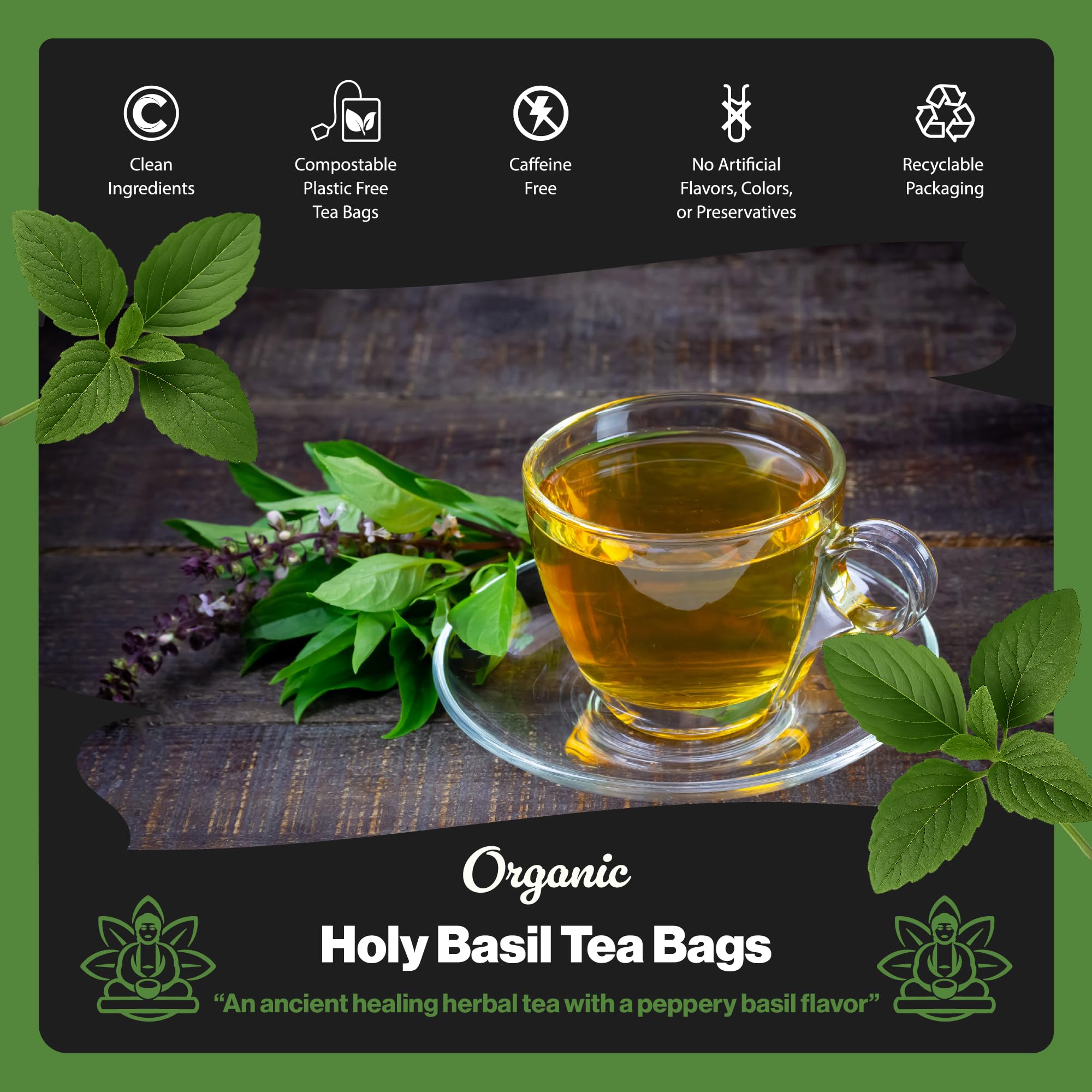 Close-up of Buddha Teas Holy Basil non-string tea bags for quick brew.