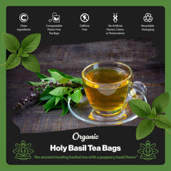 Close-up of Buddha Teas Holy Basil non-string tea bags for quick brew.