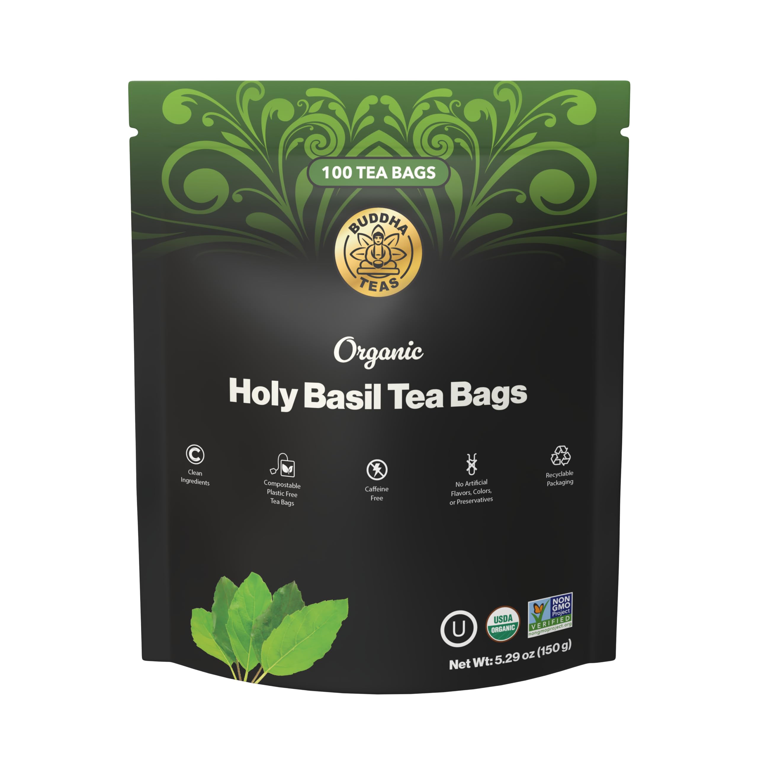 Buddha Teas Holy Basil tea bags in packaging with inviting aroma.