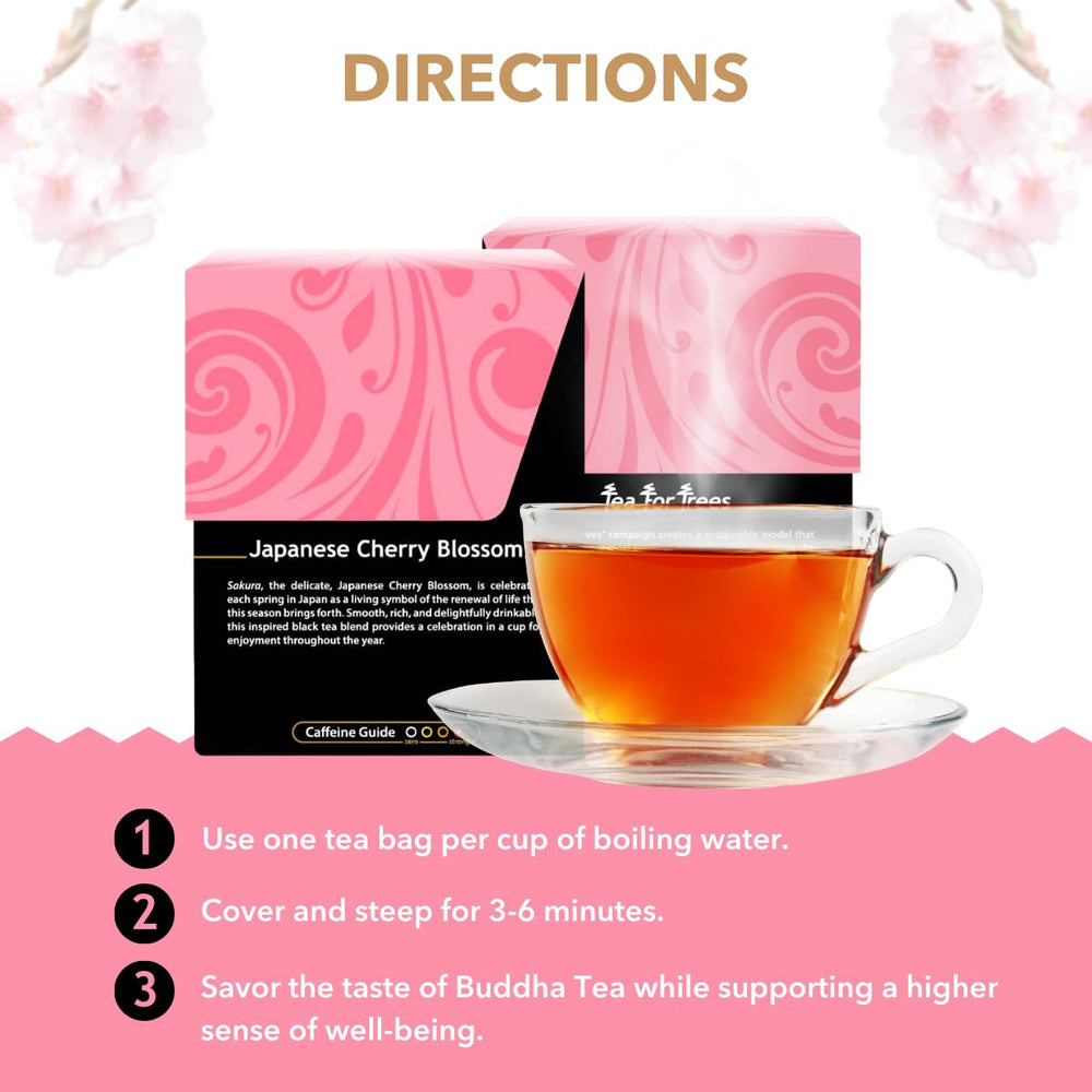 Buddha Teas Japanese Cherry Blossom black tea leaves close-up highlight balanced base.
