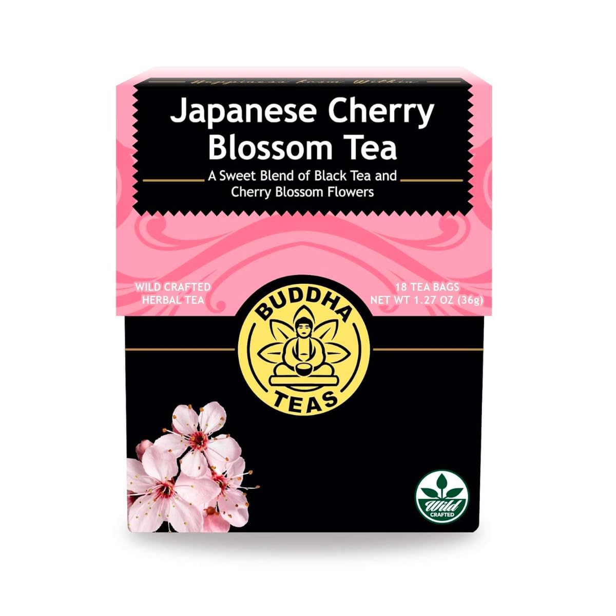 Buddha Teas Japanese Cherry Blossom Tea packaging, easy to store and brew.
