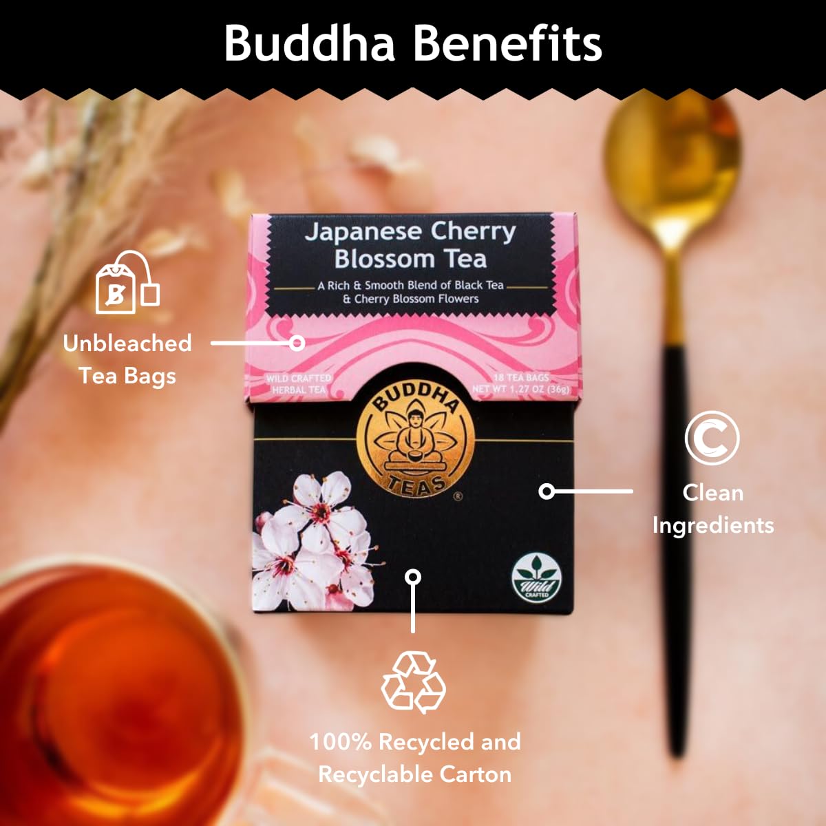 Buddha Teas Japanese Cherry Blossom Tea tea bags ready to brew with ease.
