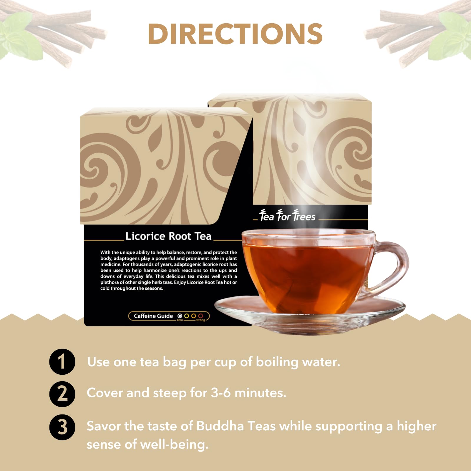 Buddha Teas Licorice Root Tea infusion releasing a sweet aroma from the cup.