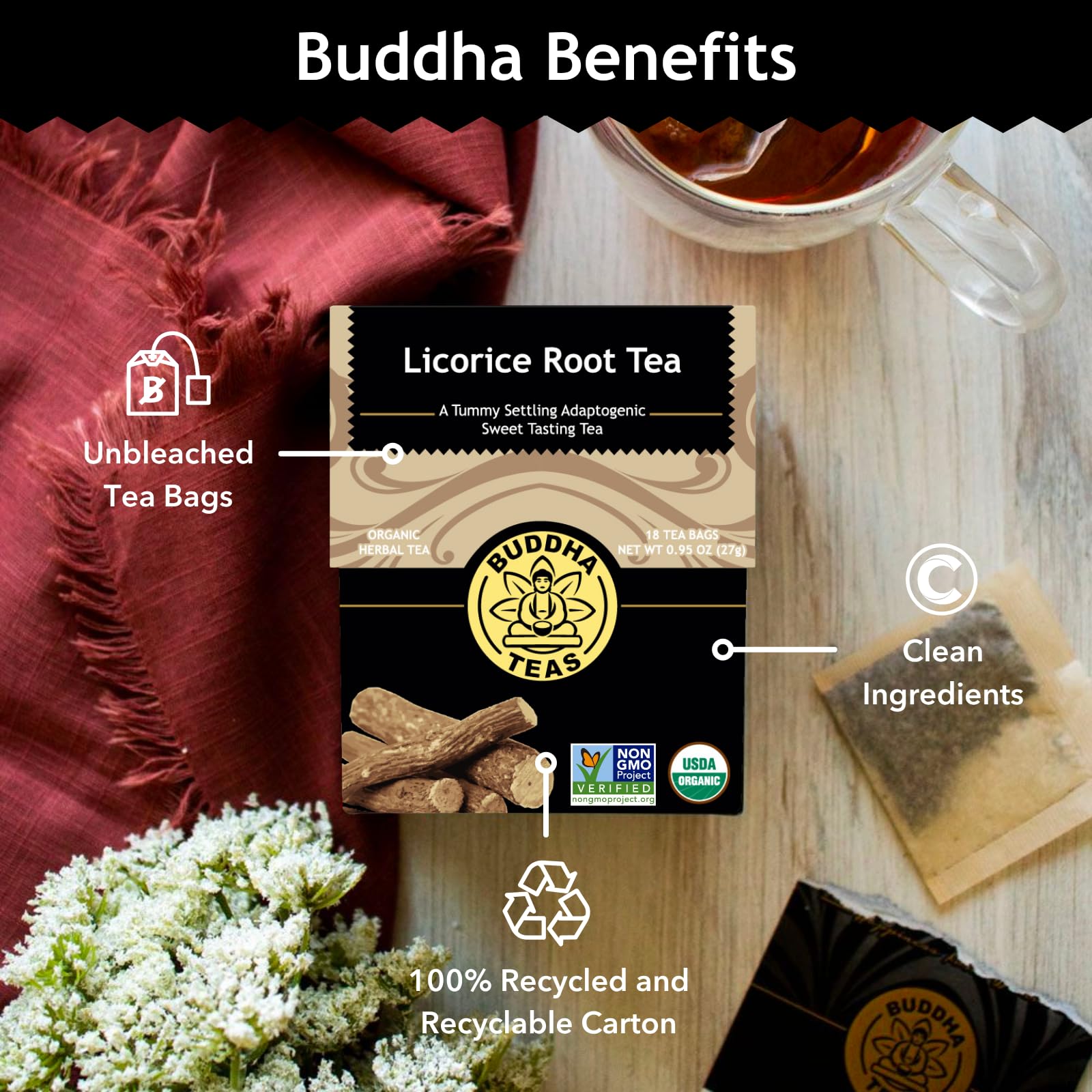 Buddha Teas Licorice Root Tea ingredients list highlights single-ingredient purity.