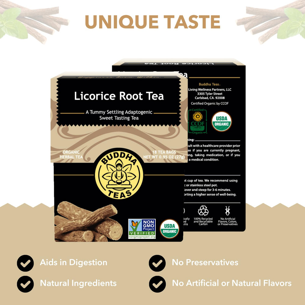Buddha Teas Licorice Root Tea packaging front shows organic and additive-free ingredients.