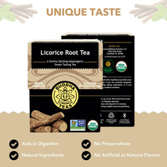 Buddha Teas Licorice Root Tea packaging front shows organic and additive-free ingredients.