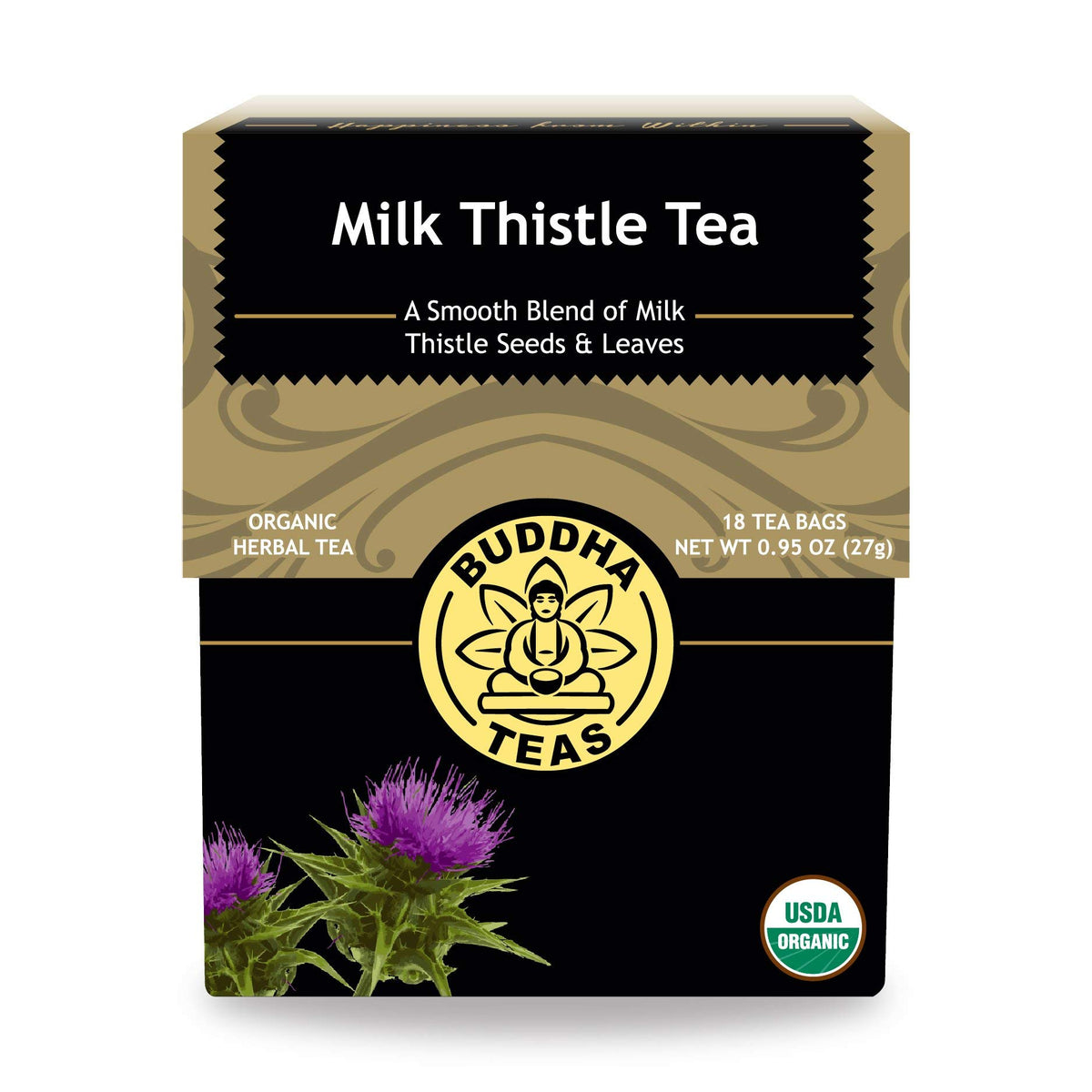 Buddha Teas Milk Thistle Tea pack shown with antioxidant-forward message