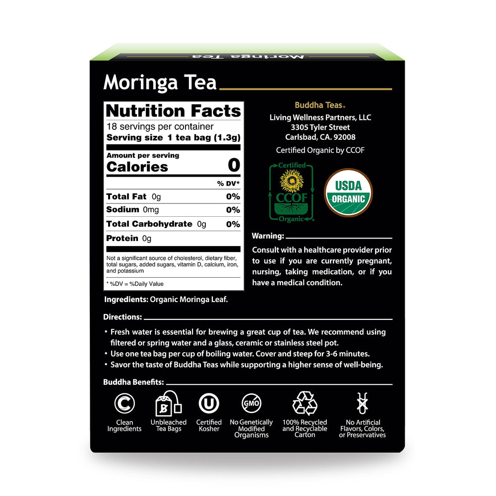 Brewing Buddha Teas Moringa Tea yields a bright, caffeine-free cup.