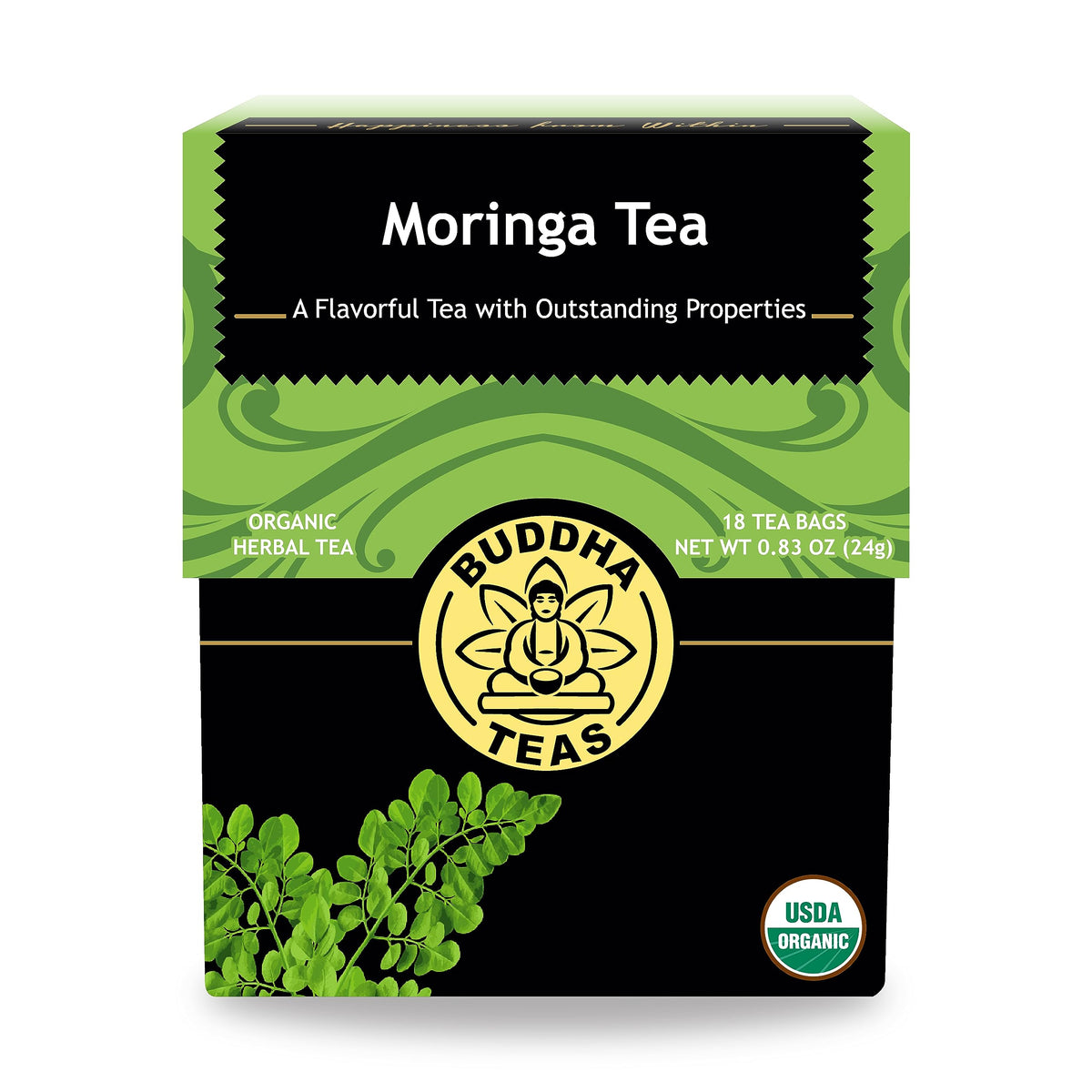 Buddha Teas Moringa Tea bags in box offer a caffeine-free herbal option.
