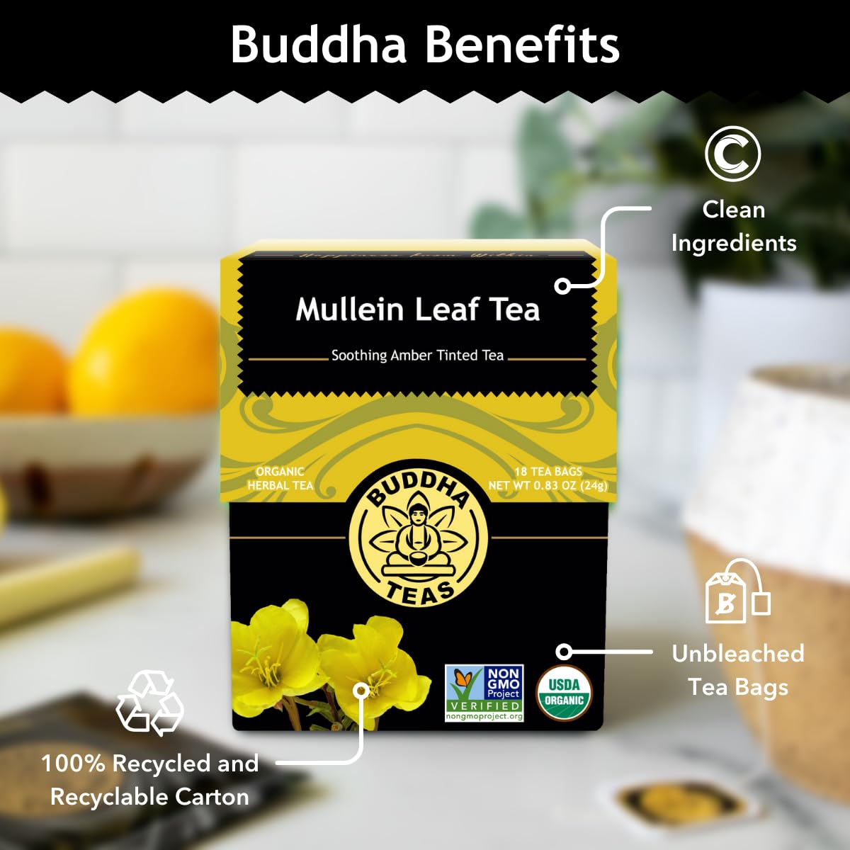 Buddha Teas Mullein Leaf mug with steam, ideal for a soothing moment