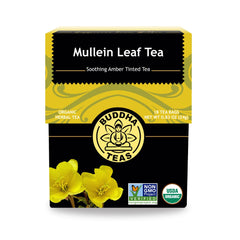 Buddha Teas Mullein Leaf tea bag closeup, caffeine-free herbal option