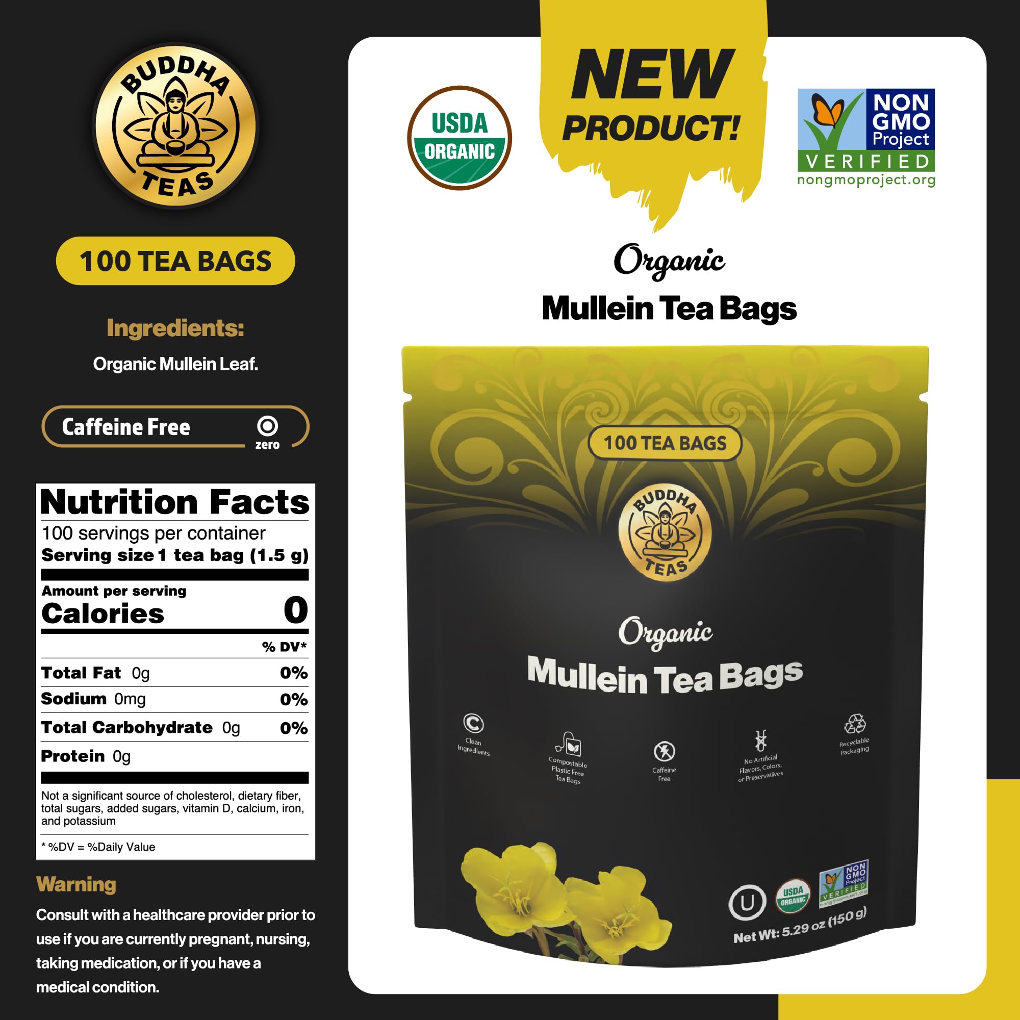 Buddha Teas Mullein Leaf Tea in a cup with amber color and mild aroma