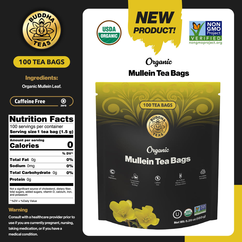 Buddha Teas Mullein Leaf Tea in a cup with amber color and mild aroma