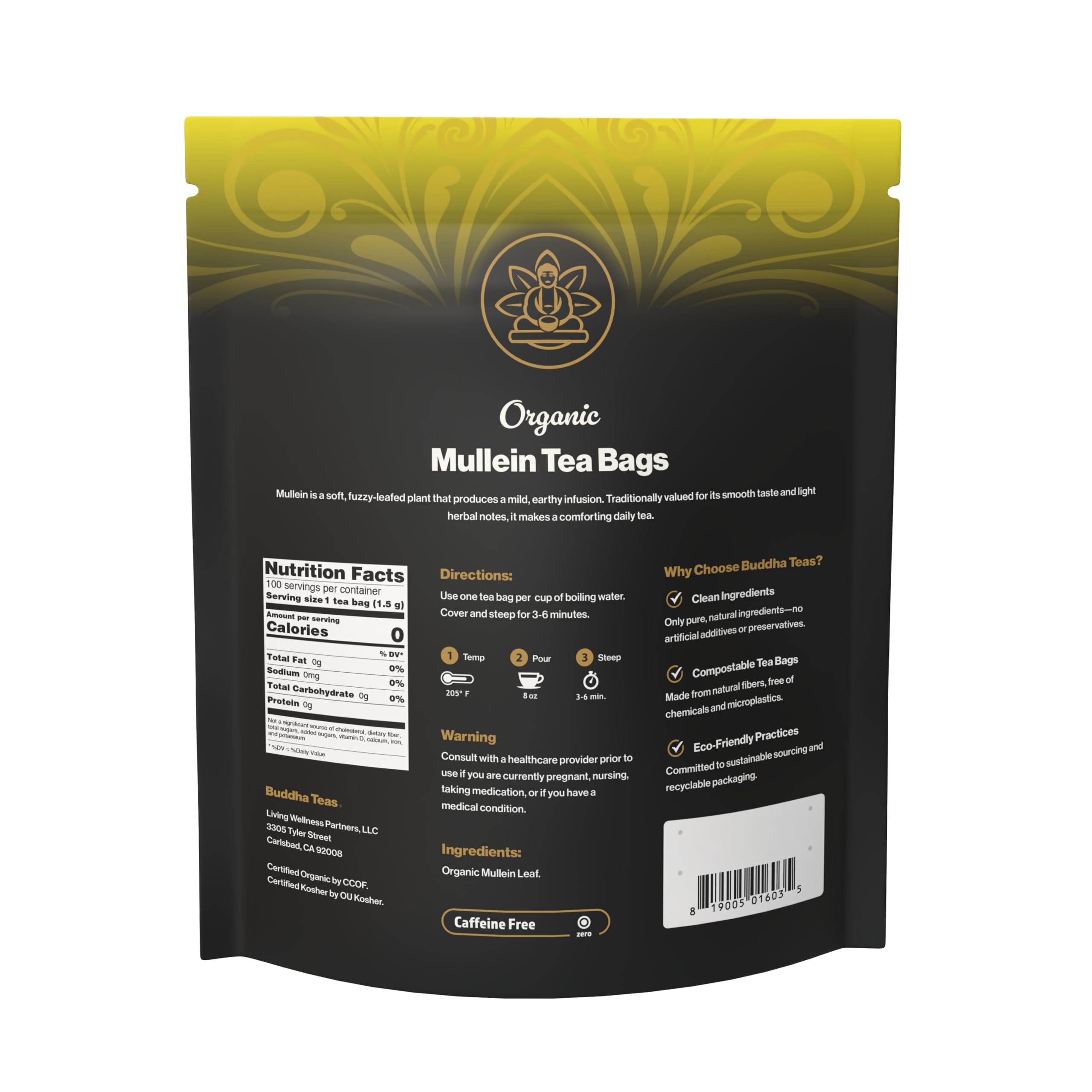 Buddha Teas Mullein Leaf Tea packaging emphasizes non GMO quality