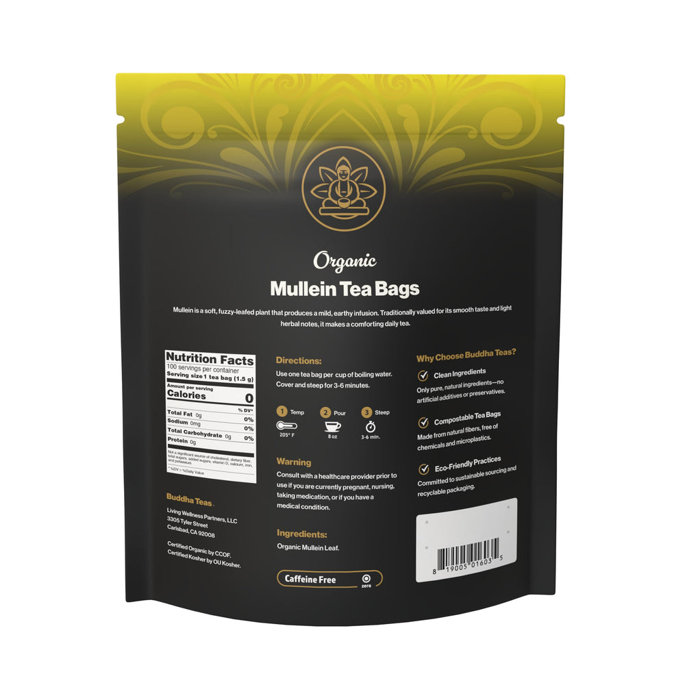 Buddha Teas Mullein Leaf Tea packaging emphasizes non GMO quality